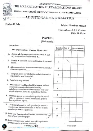 2013 MANEB MSCE Additional Mathematics Paper I - Preview