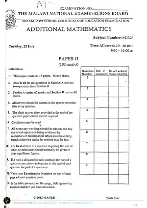 2013 MANEB MSCE Additional Mathematics Paper II - Preview