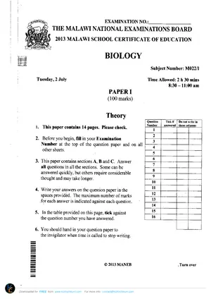2013 MANEB MSCE Biology Paper 1 - Preview