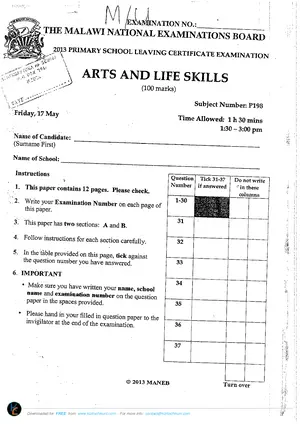 2013 MANEB PSLCE Arts and Life Skills Past Paper - Preview