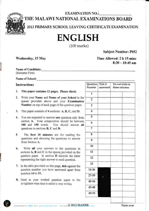 2013 MANEB PSLCE English Past Paper - Preview
