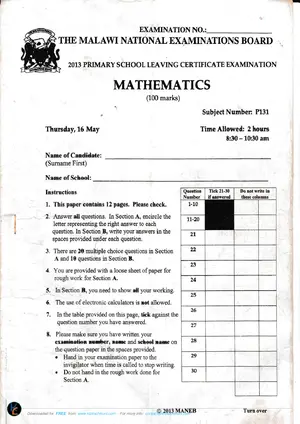 2013 MANEB PSLCE Mathematics Past Paper - Preview