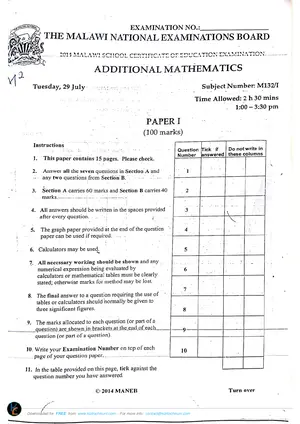 2014 MANEB MSCE Additional Mathematics Paper I - Preview