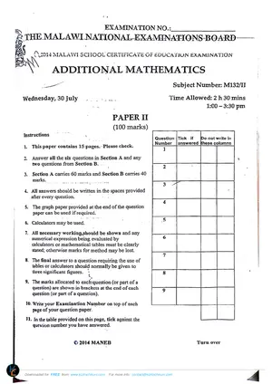 2014 MANEB MSCE Additional Mathematics Paper II - Preview