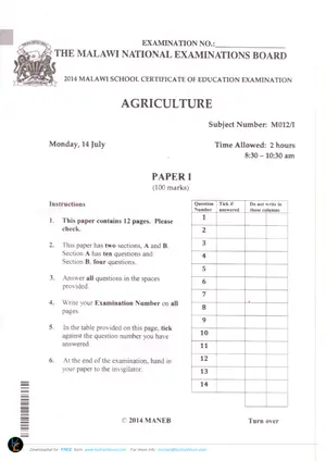 2014 MANEB MSCE Agriculture Paper I - Preview