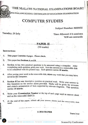 2014 MANEB MSCE Computer Studies Paper 1 (Theory) - Preview