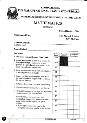 2014 MANEB PSLCE Mathematics Past Paper - Preview