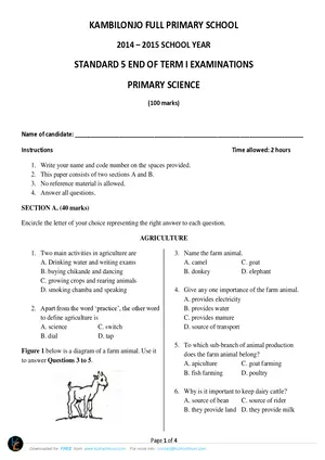 2015 Kambilonjo Standard 5 Term 1 Primary Science Past Paper - Preview