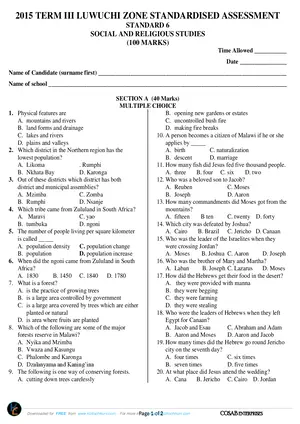 2015 LUWUCHI ZONE Standard 6 Term 3 Assessment Social and Religious Studies - Preview