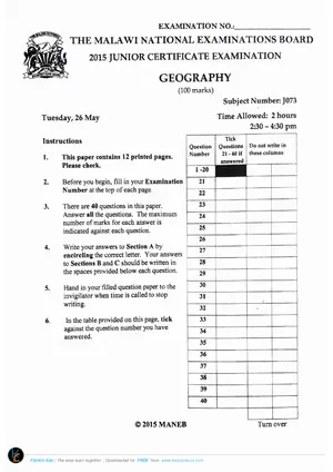 2015 MANEB JCE Geography Past Paper - Preview