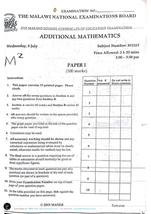 2015 MANEB MSCE Additional Mathematics Paper I - Preview