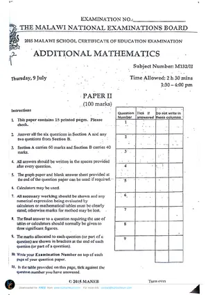 2015 MANEB MSCE Additional Mathematics Paper II - Preview