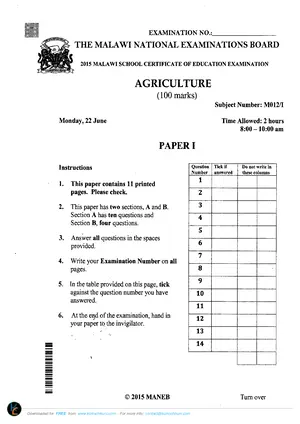 2015 MANEB MSCE Agriculture Paper 1 - Preview