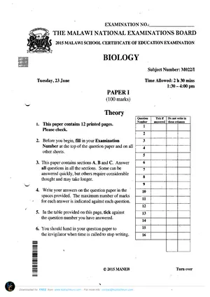 2015 MANEB MSCE Biology Paper 1 - Preview