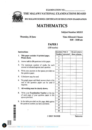 2015 MANEB MSCE Mathematics Paper I - Preview