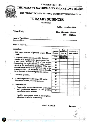 2015 MANEB PSLCE Primary Science - Preview