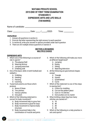 2015 Watamu Pvt Standard 5 Term 1 Arts and Life Skills Past Paper - Preview