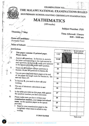 2015 MANEB PSLCE Mathematics Past Paper - Preview