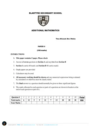 2016 Blantyre Secondary School MSCE Additional Mathematics Past Paper - Preview
