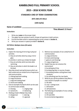 2016 Kambilonjo Standard 6 Term 1 Arts and Life Skills Past Paper - Preview