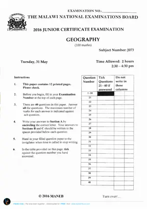 2016 MANEB JCE Geography Past Paper - Preview
