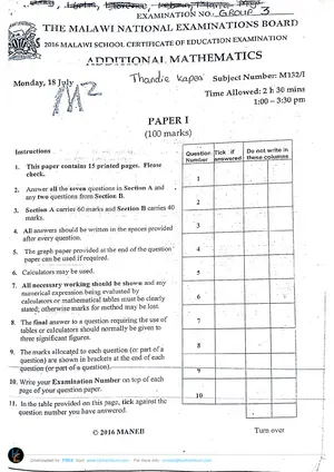 2016 MANEB MSCE Additional Mathematics Paper I - Preview