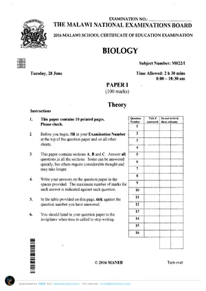 2016 MANEB MSCE Biology Paper 1 - Preview