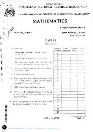 2016 MANEB MSCE Mathematics Paper I - Preview