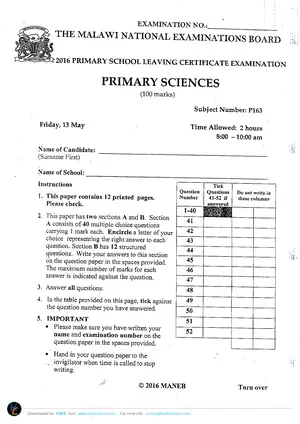 2016 MANEB PSLCE Primary Science - Preview