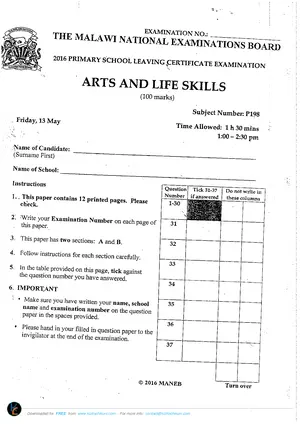 2016 MANEB PSLCE Arts and Life Skills Past Paper - Preview