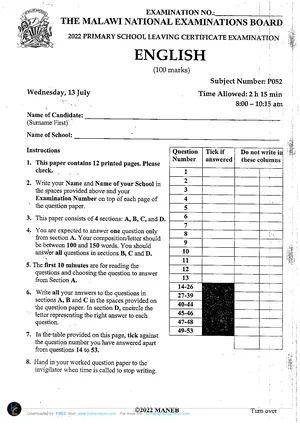 2016 MANEB PSLCE English Past Paper - Preview