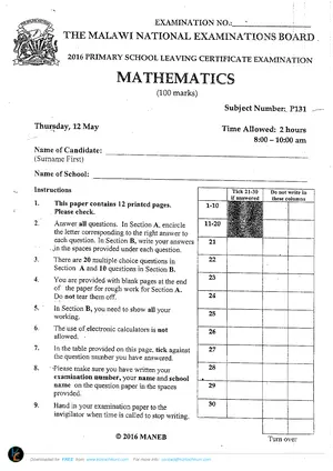 2016 MANEB PSLCE Mathematics Past Paper | Malawian 100% FREE Edu PDF ...