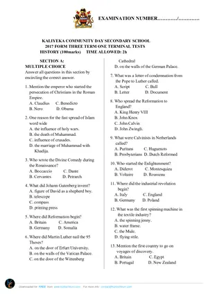2017 Kaliyeka CDSS Form 3 Term 1 History - Preview