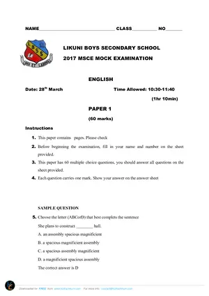 2017 Likuni Boys SS English Mock Paper I - Preview