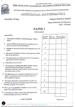 2017 MANEB MSCE Additional Mathematics Paper I - Preview