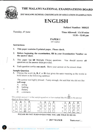 2017 MANEB MSCE English Paper I - Preview