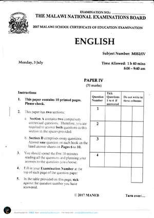 2017 MANEB MSCE English Paper IV - Preview