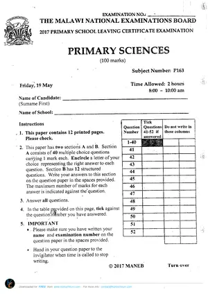 2017 MANEB PSLCE Primary Science - Preview