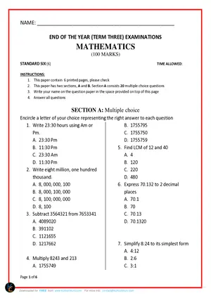 2017 Maoni Standard 6 Term 3 Mathematics Past Paper - Preview