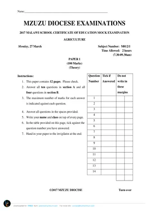 2017 Mzuzu Diocese MSCE Agriculture Paper I - Preview