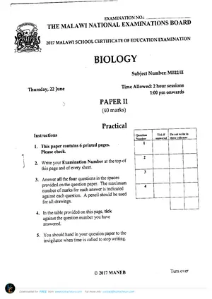 2017 MANEB MSCE Biology Paper II Past Paper - Preview