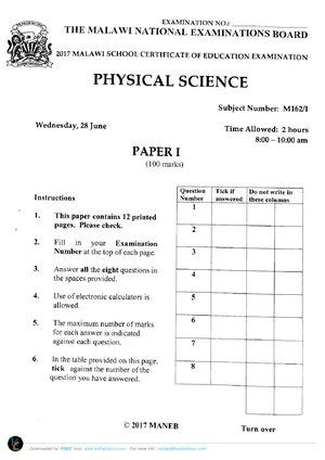 2017 MANEB MSCE Physical Science Paper I Past Paper - Preview