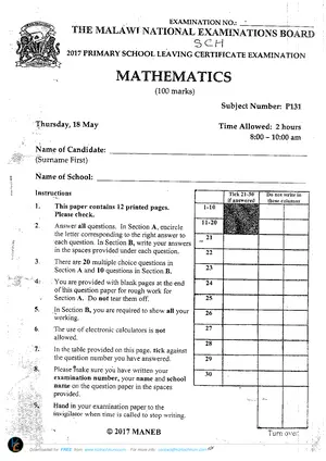 2017 MANEB PSLCE Mathematics Past Paper - Preview