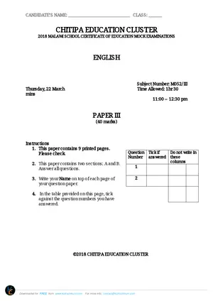 2018 Chitipa Cluster Mock English Paper III - Preview