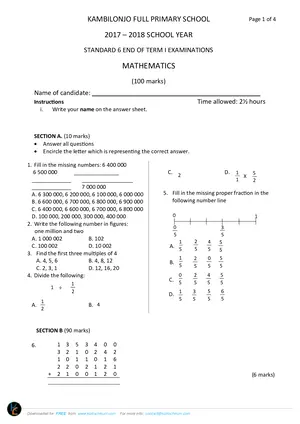 2018 Kambilonjo Standard 6 Term 1 Mathematics Past Paper - Preview