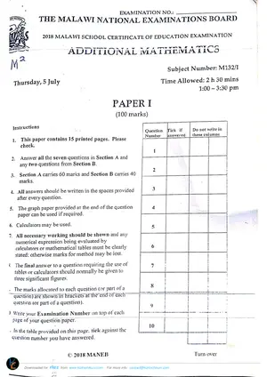 2018 MANEB MSCE Additional Mathematics Paper I - Preview