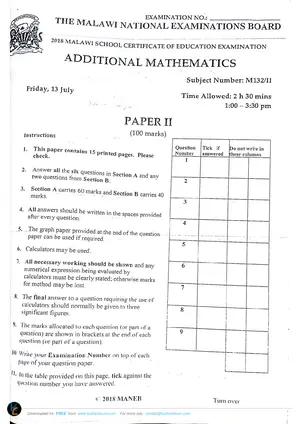 2018 MANEB MSCE Additional Mathematics Paper II - Preview