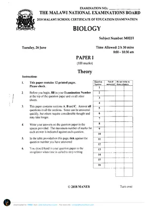 2018 MANEB MSCE Biology Paper II - Preview