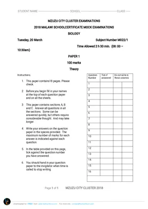 2018 Mzuzu City Cluster MSCE Biology Paper I Mock - Preview