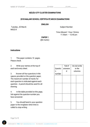 2018 Mzuzu City MSCE Cluster English Paper I Mock - Preview